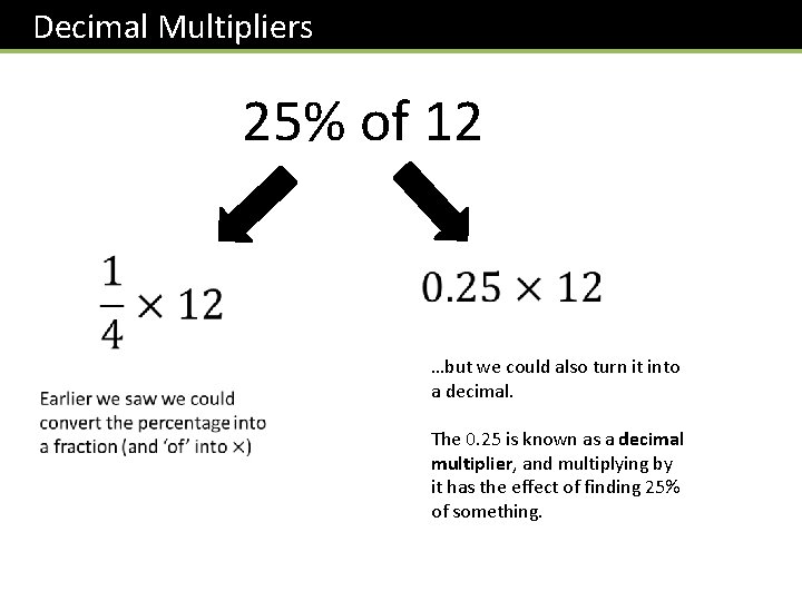 Decimal Multipliers 25% of 12 …but we could also turn it into a decimal.