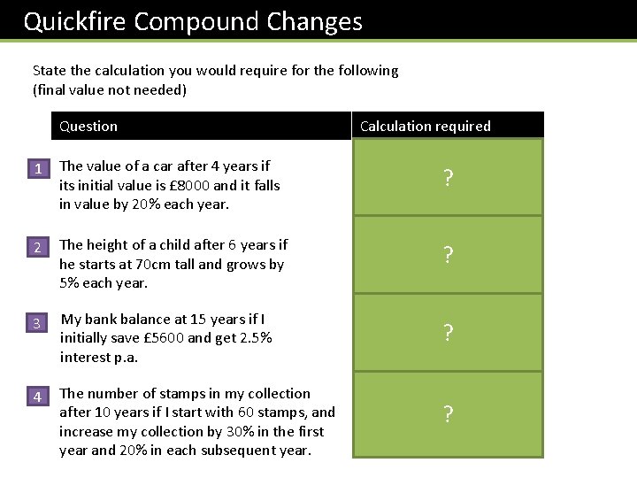 Quickfire Compound Changes State the calculation you would require for the following (final value