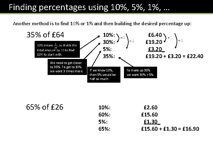 Finding percentages using 10%, 5%, 1%, … Another method is to find 10% or