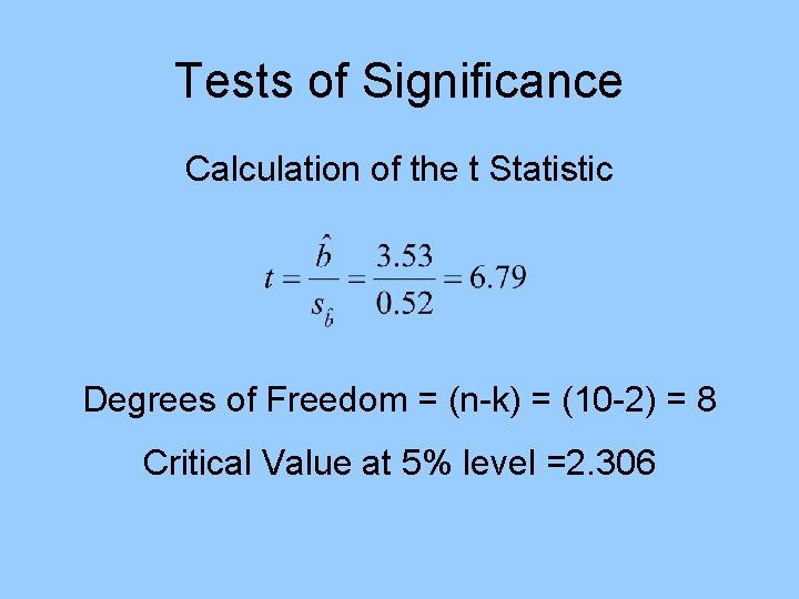 Tests of Significance Calculation of the t Statistic Degrees of Freedom = (n-k) =