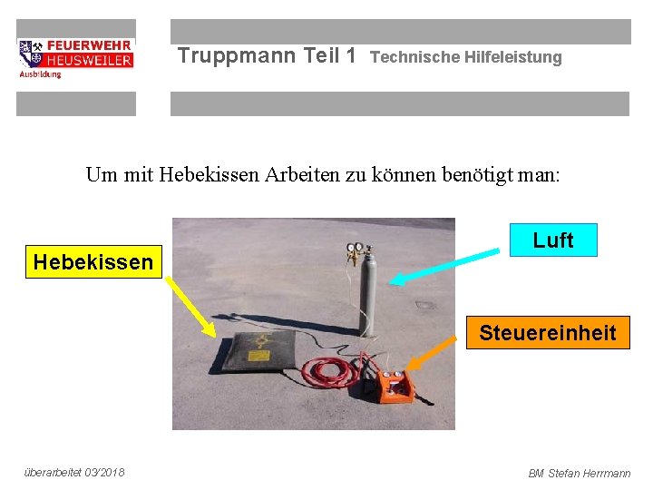 Truppmann Teil 1 Technische Hilfeleistung Um mit Hebekissen Arbeiten zu können benötigt man: Hebekissen