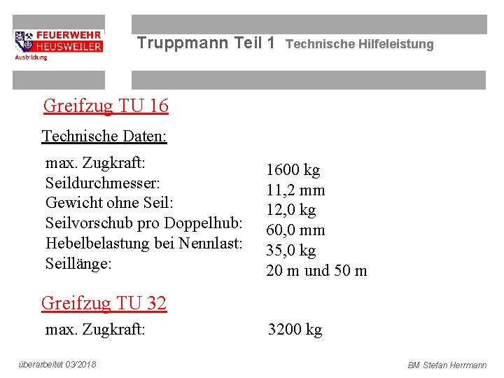 Truppmann Teil 1 Technische Hilfeleistung Greifzug TU 16 Technische Daten: max. Zugkraft: Seildurchmesser: Gewicht