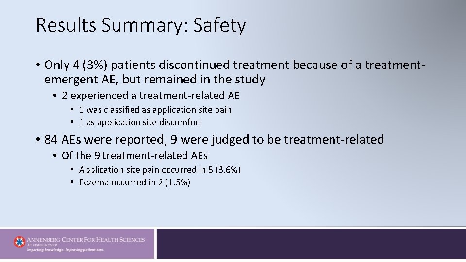 Results Summary: Safety • Only 4 (3%) patients discontinued treatment because of a treatmentemergent