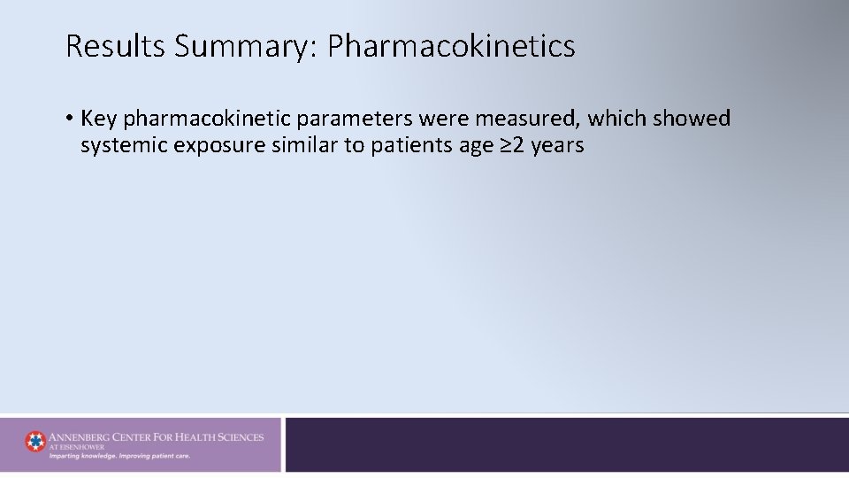 Results Summary: Pharmacokinetics • Key pharmacokinetic parameters were measured, which showed systemic exposure similar