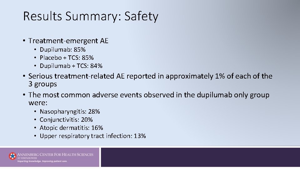 Results Summary: Safety • Treatment-emergent AE • Dupilumab: 85% • Placebo + TCS: 85%