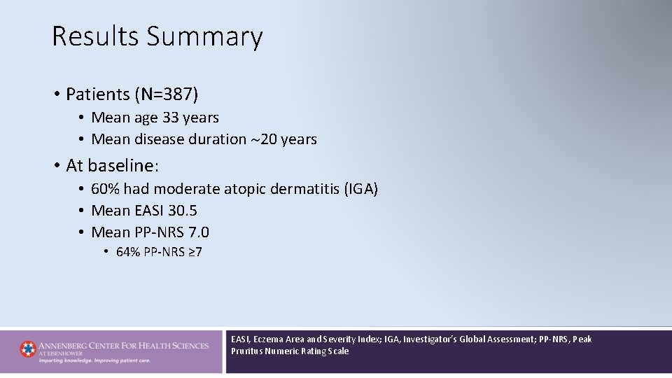 Results Summary • Patients (N=387) • Mean age 33 years • Mean disease duration