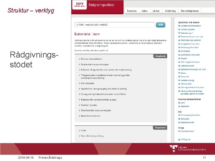 Struktur – verktyg Rådgivningsstödet 2018 -04 -18 Primärvårdstriage 11 