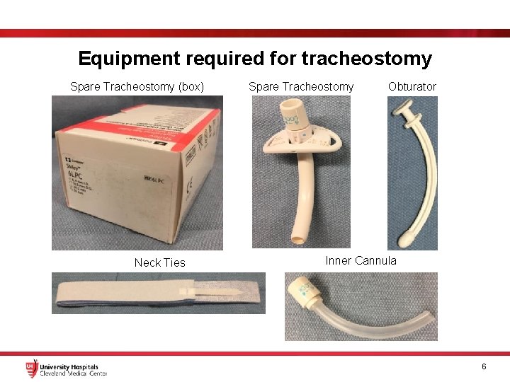 Equipment required for tracheostomy Spare Tracheostomy (box) Neck Ties Spare Tracheostomy Obturator Inner Cannula