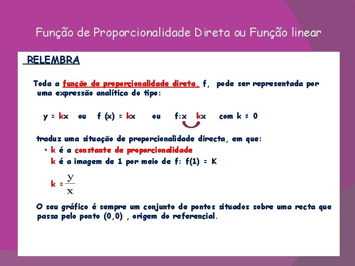 Função de Proporcionalidade Direta ou Função linear RELEMBRA Toda a função de proporcionalidade direta,