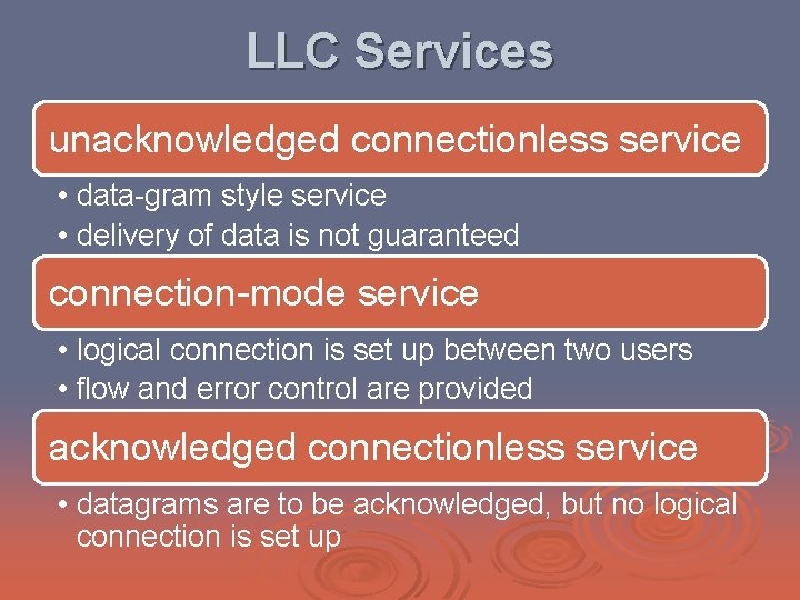 LLC Services unacknowledged connectionless service • data-gram style service • delivery of data is