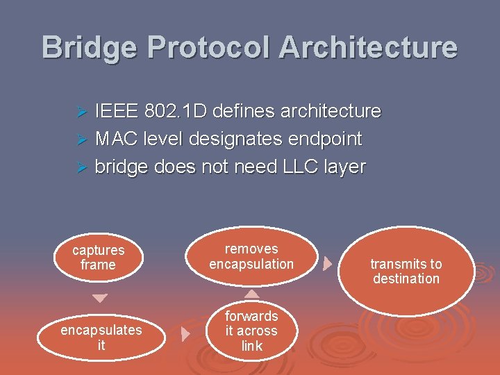 Bridge Protocol Architecture IEEE 802. 1 D defines architecture Ø MAC level designates endpoint
