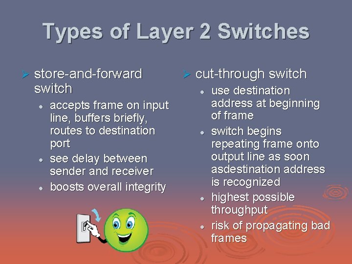 Types of Layer 2 Switches Ø store-and-forward switch l l l accepts frame on