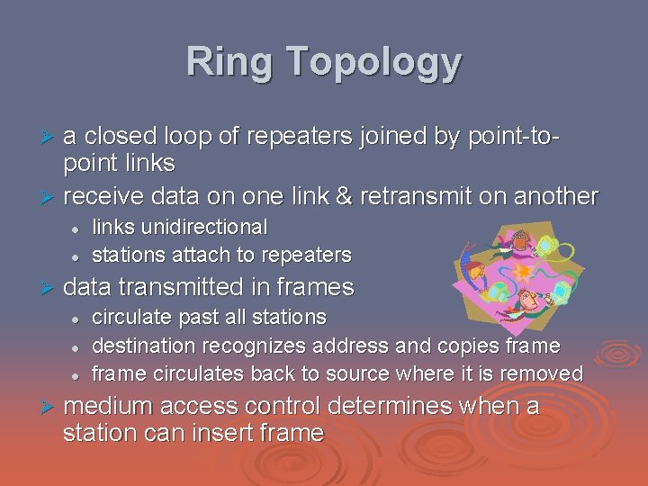 Ring Topology a closed loop of repeaters joined by point-topoint links Ø receive data