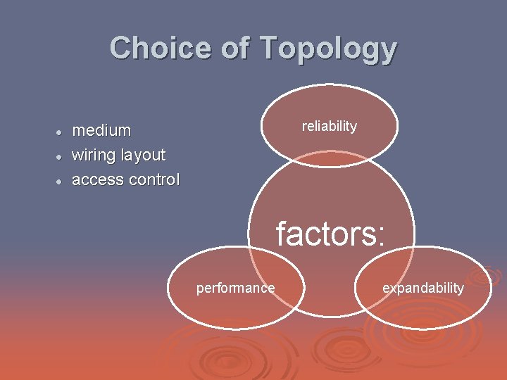 Choice of Topology l l l reliability medium wiring layout access control factors: performance
