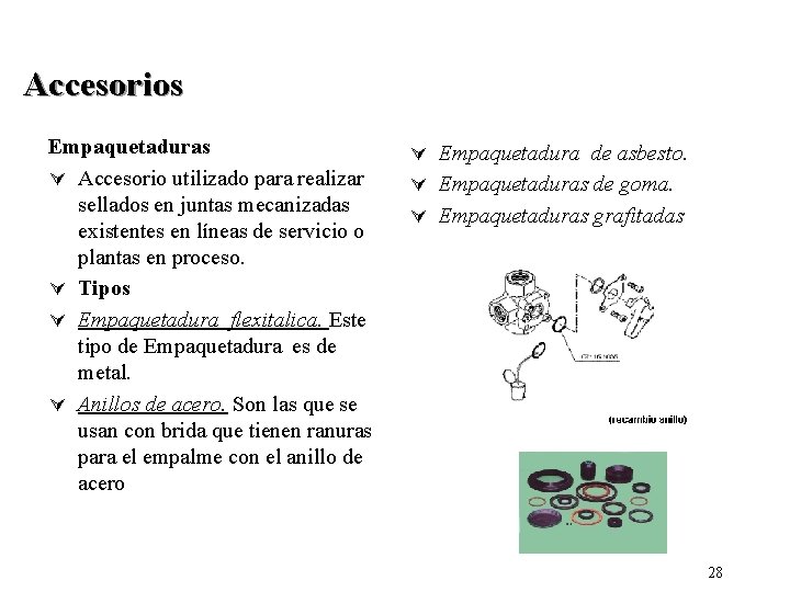 Accesorios Empaquetaduras Ú Accesorio utilizado para realizar sellados en juntas mecanizadas existentes en líneas