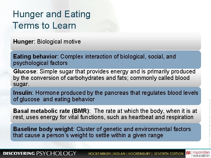 Hunger and Eating Terms to Learn Hunger: Biological motive Eating behavior: Complex interaction of