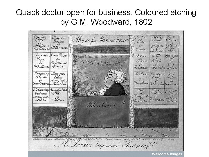 Quack doctor open for business. Coloured etching by G. M. Woodward, 1802 