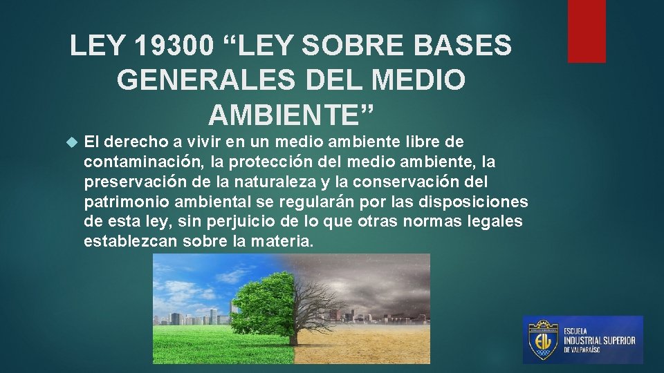 LEY 19300 “LEY SOBRE BASES GENERALES DEL MEDIO AMBIENTE” El derecho a vivir en