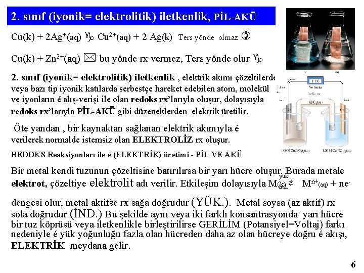 2. sınıf (iyonik= elektrolitik) iletkenlik, PİL-AKÜ Cu(k) + 2 Ag+(aq) Cu 2+(aq) + 2