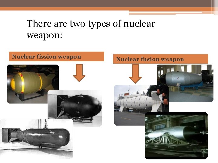 There are two types of nuclear weapon: Nuclear fission weapon Nuclear fusion weapon There are two types of nuclear weapon: Nuclear fission weapon Nuclear fusion weapon
