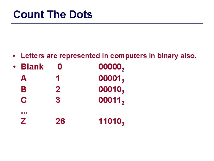 Count The Dots • Letters are represented in computers in binary also. • Blank