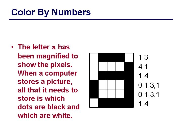 Color By Numbers • The letter a has been magnified to show the pixels.