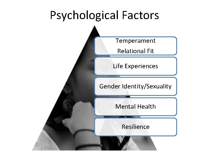 Psychological Factors Temperament Relational Fit Life Experiences Gender Identity/Sexuality Mental Health Resilience 