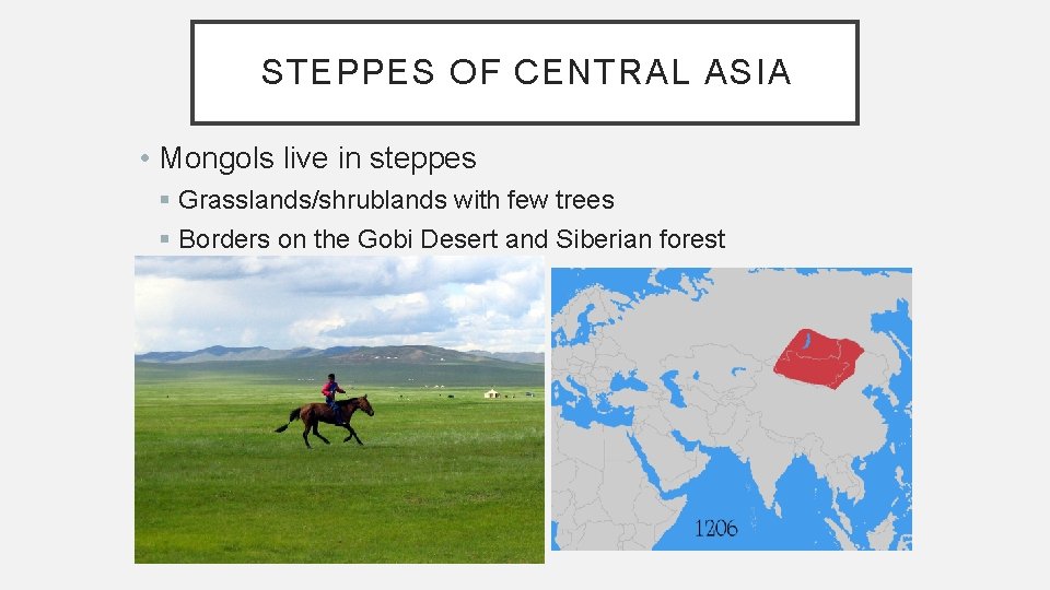 STEPPES OF CENTRAL ASIA • Mongols live in steppes § Grasslands/shrublands with few trees