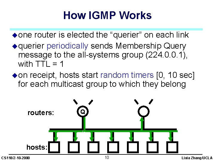 How IGMP Works u one router is elected the “querier” on each link u
