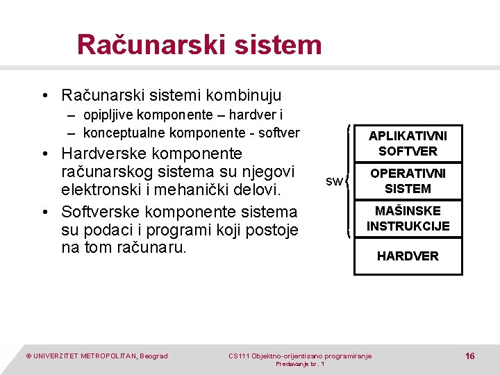 Računarski sistem • Računarski sistemi kombinuju – opipljive komponente – hardver i – konceptualne