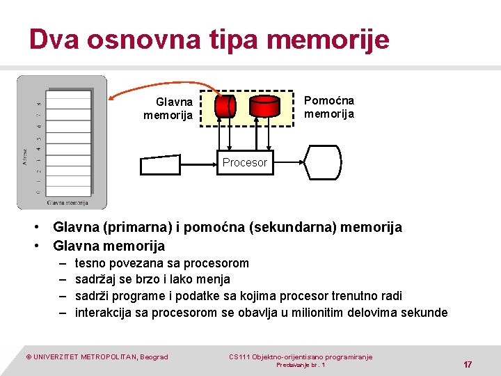 Dva osnovna tipa memorije Pomoćna memorija Glavna memorija Procesor • Glavna (primarna) i pomoćna