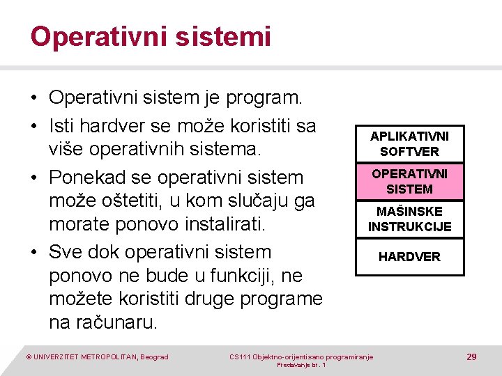 Operativni sistemi • Operativni sistem je program. • Isti hardver se može koristiti sa