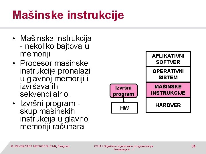 Mašinske instrukcije • Mašinska instrukcija - nekoliko bajtova u memoriji • Procesor mašinske instrukcije