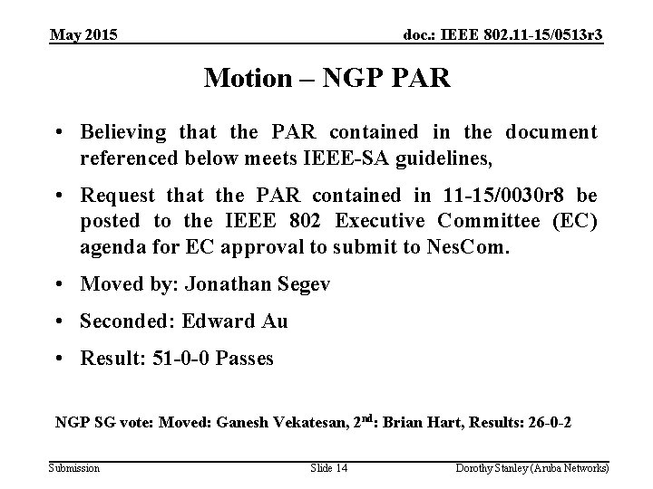 May 2015 doc. : IEEE 802. 11 -15/0513 r 3 Motion – NGP PAR