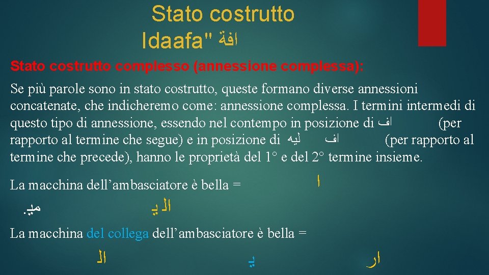 Stato costrutto Idaafa" ﺍﻓﺔ Stato costrutto complesso (annessione complessa): Se più parole sono in