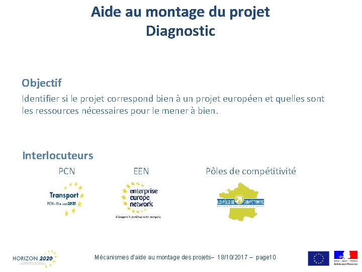 Aide au montage du projet Diagnostic Objectif Identifier si le projet correspond bien à