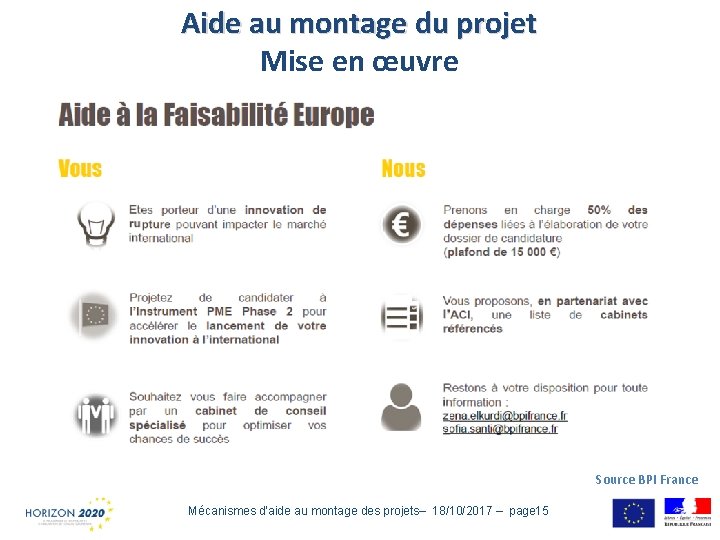 Aide au montage du projet Mise en œuvre Source BPI France Mécanismes d’aide au