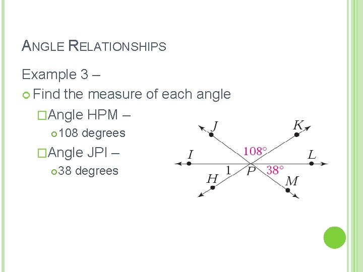 ANGLE RELATIONSHIPS Example 3 – Find the measure of each angle �Angle HPM –