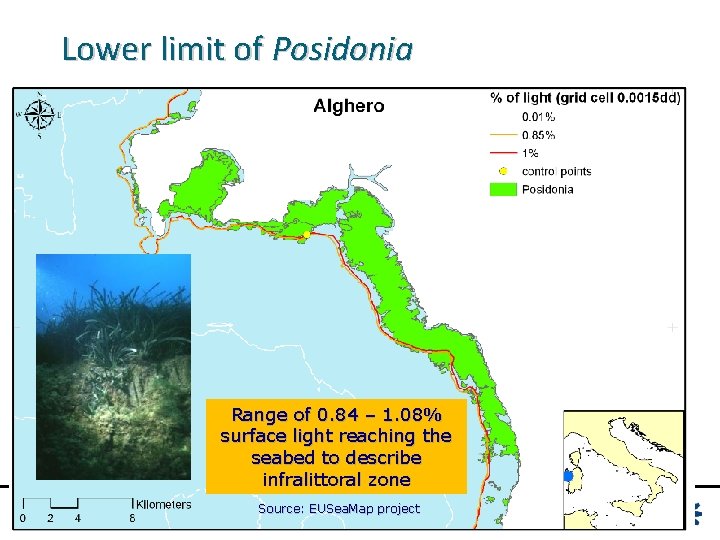 Lower limit of Posidonia Range of 0. 84 – 1. 08% surface light reaching