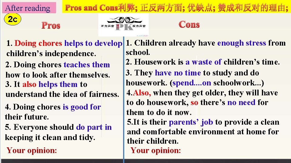 After reading 2 c Pros and Cons利弊; 正反两方面; 优缺点; 赞成和反对的理由; Pros 1. Doing chores