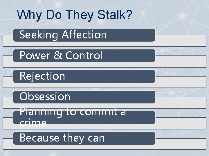 Why Do They Stalk? Seeking Affection Power & Control Rejection Obsession Planning to commit