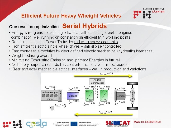 Efficient Future Heavy Wheight Vehicles One result on optimization: Serial Hybrids • Energy saving