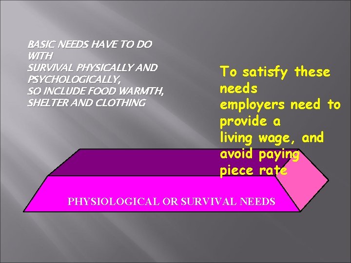BASIC NEEDS HAVE TO DO WITH SURVIVAL PHYSICALLY AND PSYCHOLOGICALLY, SO INCLUDE FOOD WARMTH,