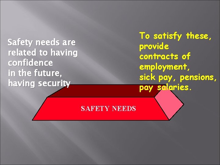 To satisfy these, provide contracts of employment, sick pay, pensions, pay salaries. Safety needs