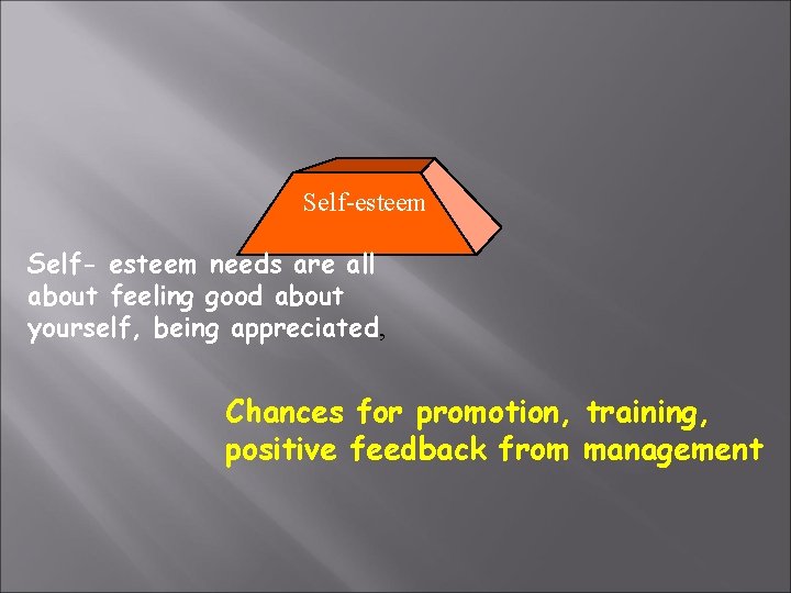 Self-esteem Self- esteem needs are all about feeling good about yourself, being appreciated, Chances