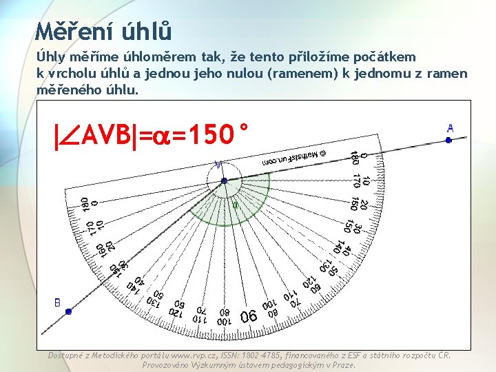 Měření úhlů Úhly měříme úhloměrem tak, že tento přiložíme počátkem k vrcholu úhlů a