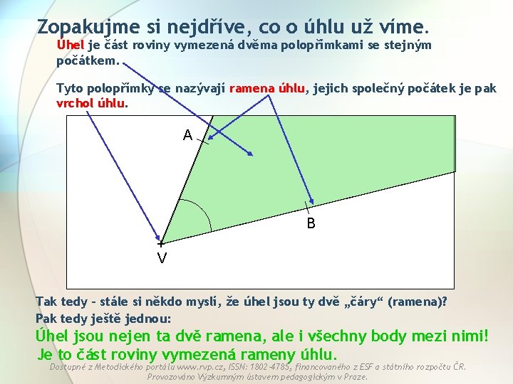 Zopakujme si nejdříve, co o úhlu už víme. Úhel je část roviny vymezená dvěma