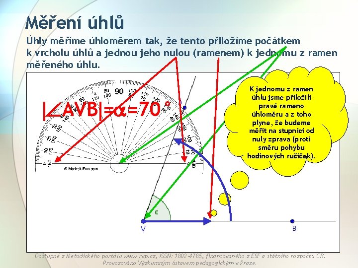 Měření úhlů Úhly měříme úhloměrem tak, že tento přiložíme počátkem k vrcholu úhlů a