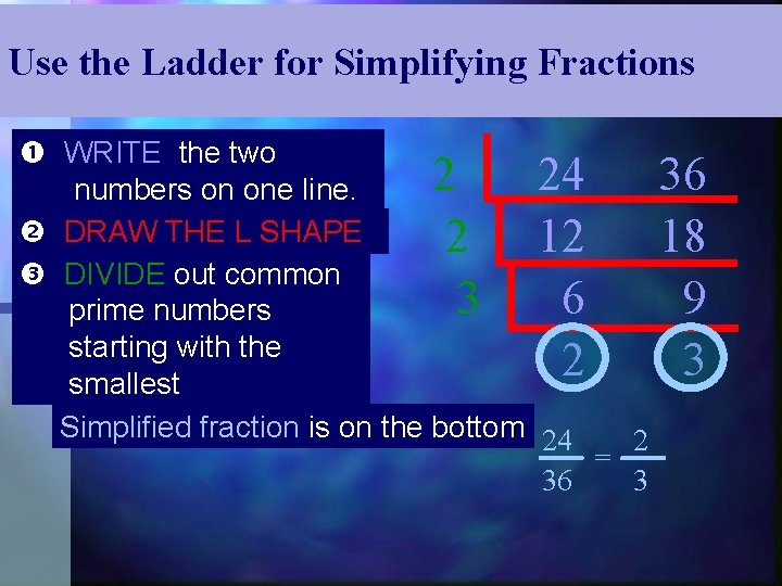 Use the Ladder for Simplifying Fractions WRITE the two 2 24 numbers on one