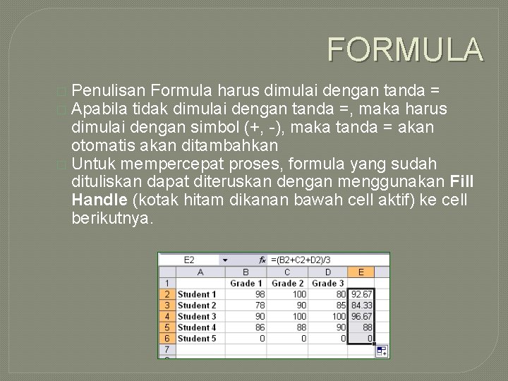 FORMULA Penulisan Formula harus dimulai dengan tanda = Apabila tidak dimulai dengan tanda =,